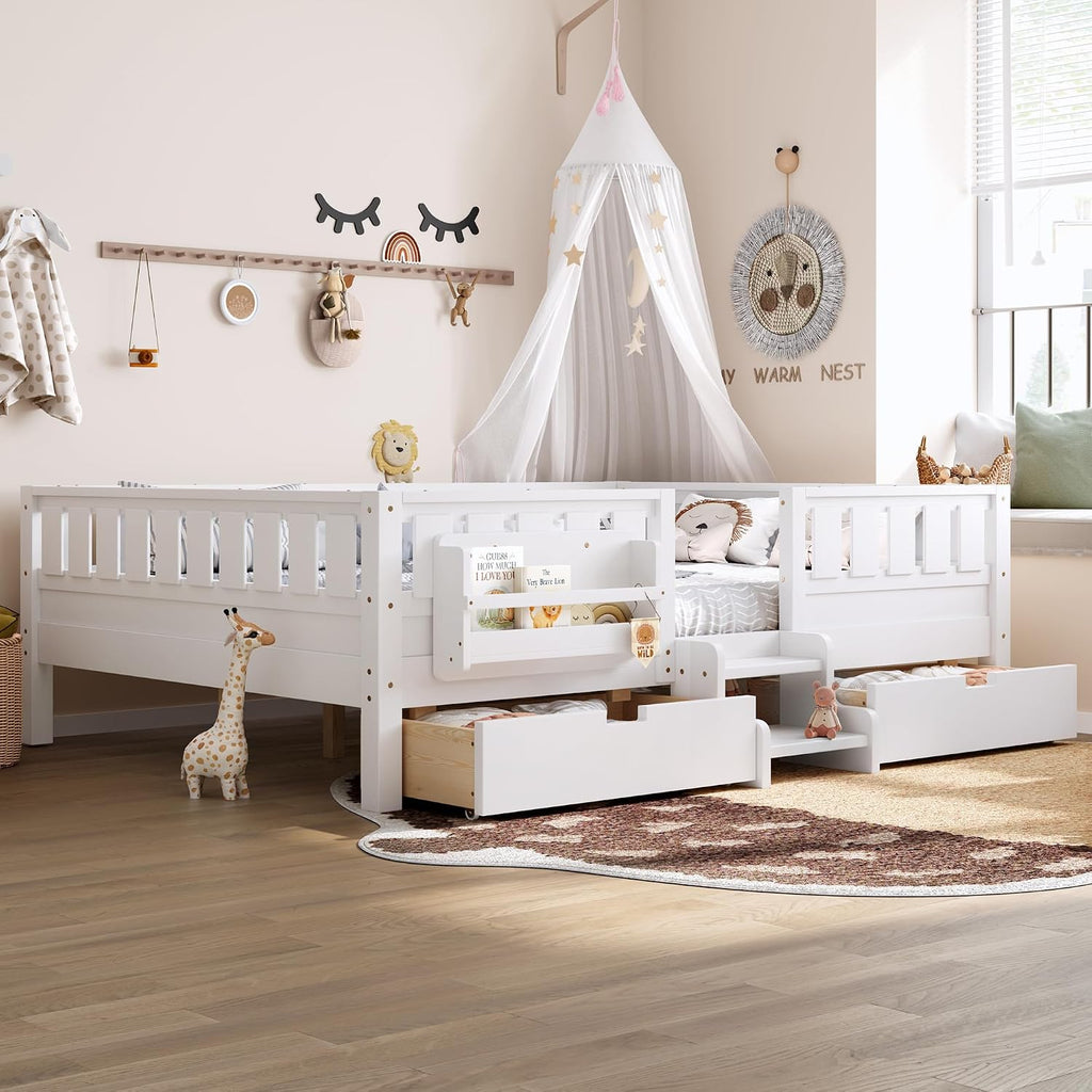 Bellemave Queen Size Bed with Slats and Stairs, Queen Size Platform Bed Frame with Fence, Bookshelf and Storage Drawers, Easy Assemble Beds for Girls, Boys, White