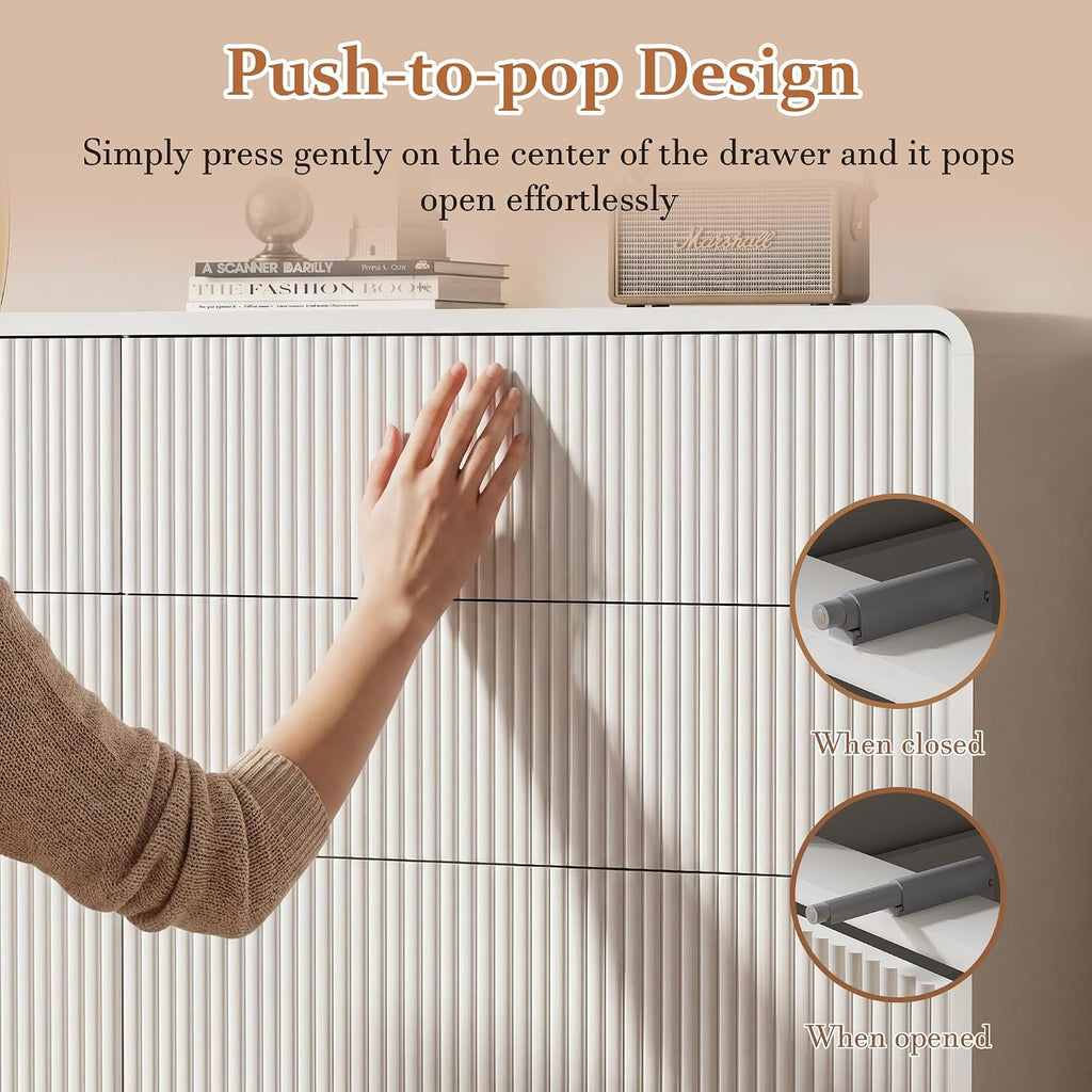 Furniway 55' Wide Modern Dresser for Bedroom, 6 Drawer Chest of Drawers with Curved Design, Push-to-Open Storage Dresser, White