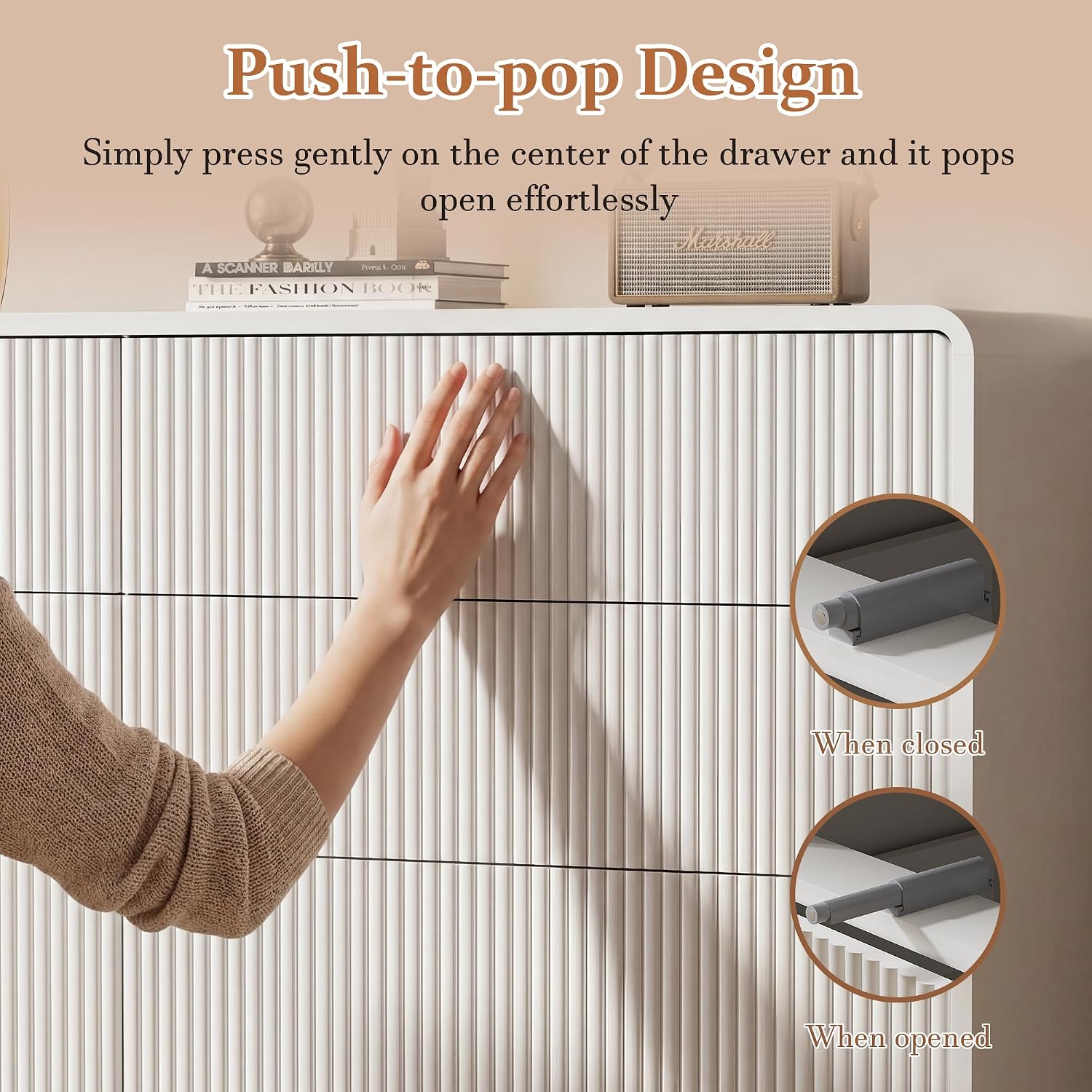 Furniway 55' Wide Modern Dresser for Bedroom, 6 Drawer Chest of Drawers with Curved Design, Push-to-Open Storage Dresser, White