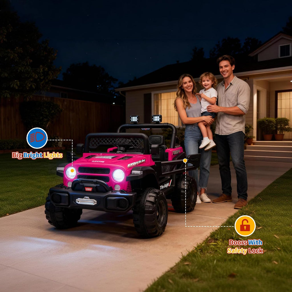 12V Ride on Truck，Kids Electric Car with Parent Remote Control| Features 3 Speeds Up to 6MPH, 2 * 550w Moto, Safty Belt，Spring Suspension, LED Lights, Music for Children Aged 2-8 Years（Rosy