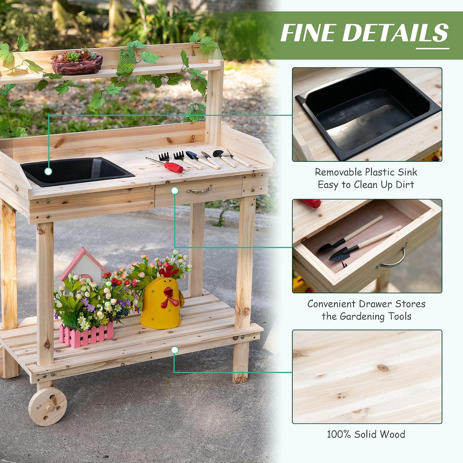 120x60x80cm Sturdy Workstation Potting Bench, 4 Swivel Casters, Sink Included, Side Drawer, Natural Wood Finish, Spacious Capacity Storage System