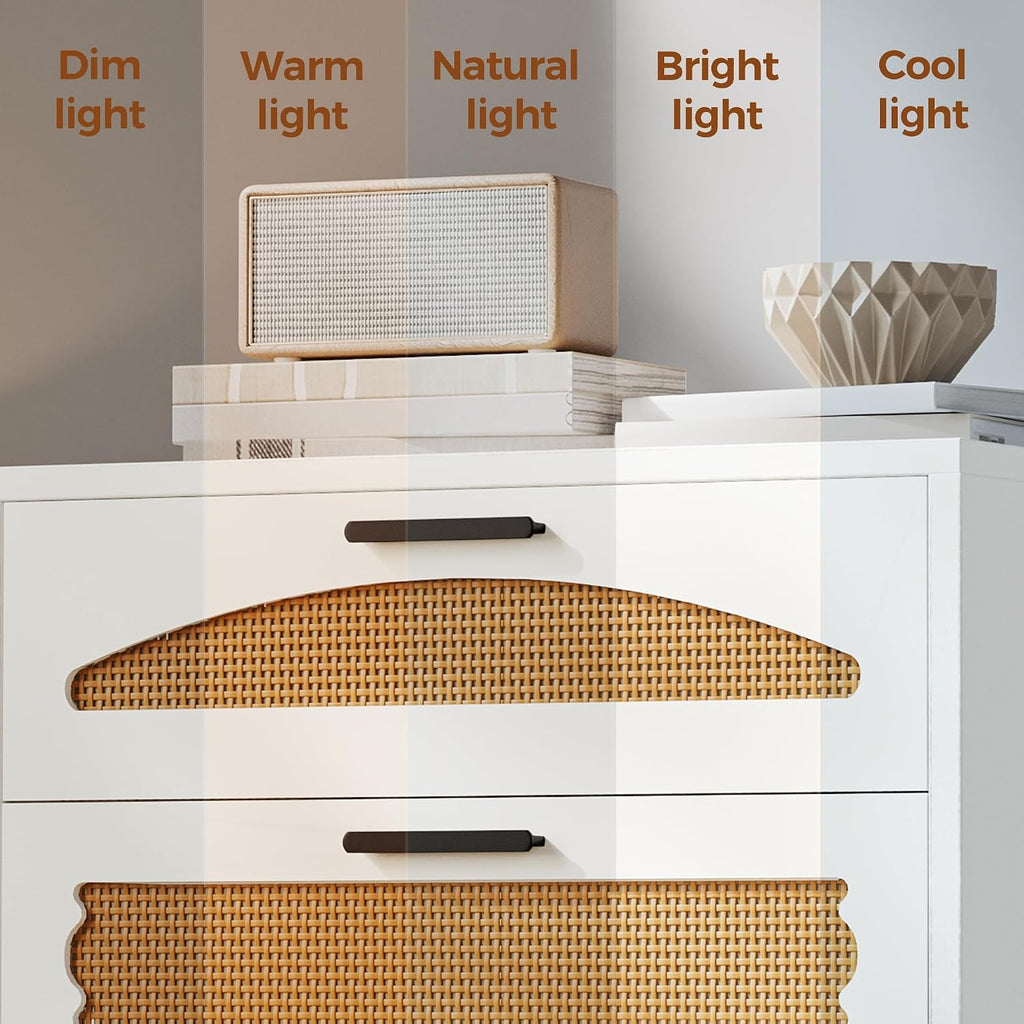 Mericonia 4 Drawer Rattan Dresser for Bedroom, Wood Tall Dresser for Closet with Metal Handles, Boho Nightstand Sets, Dressers & Chests of Drawers for Bedroom, Hallway and Entryway, White
