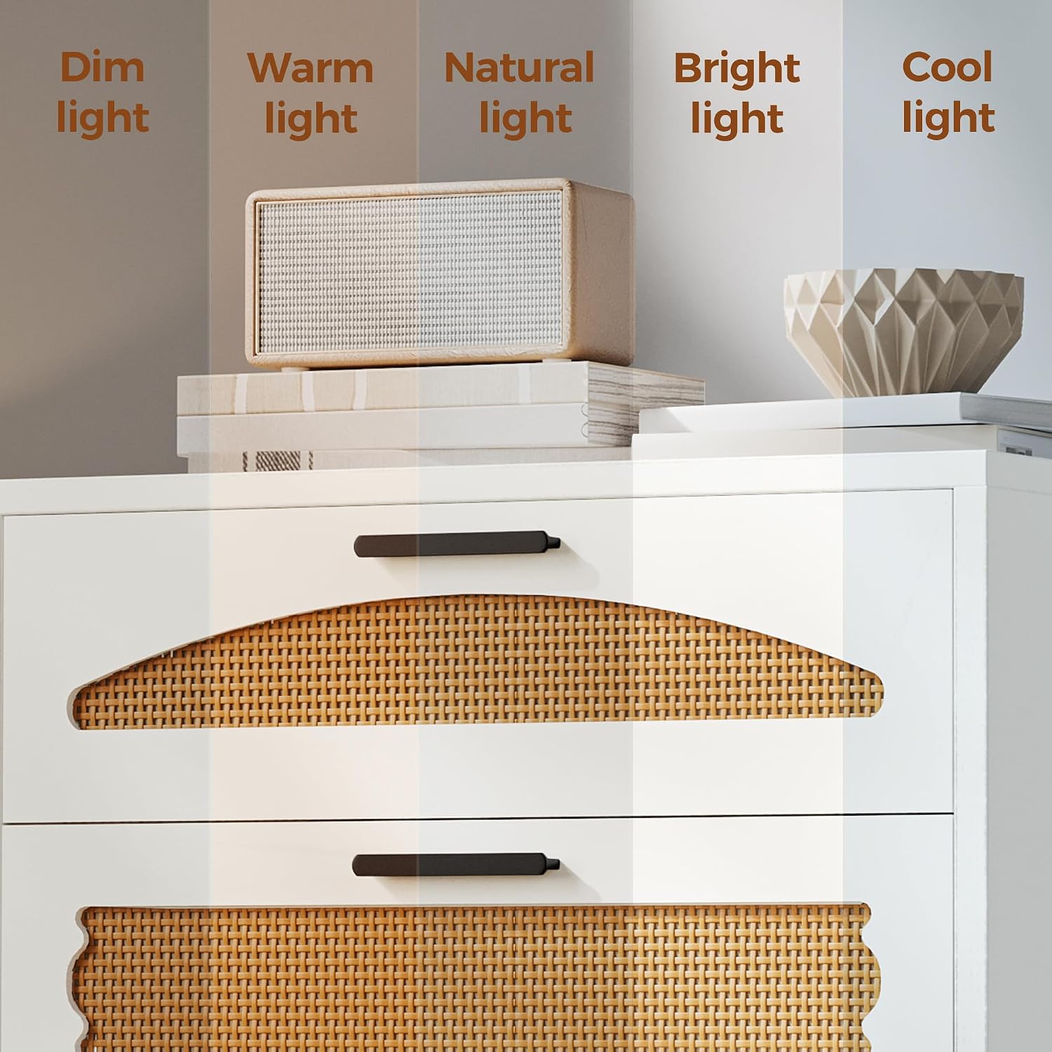 Mericonia 4 Drawer Rattan Dresser for Bedroom, Wood Tall Dresser for Closet with Metal Handles, Boho Nightstand Sets, Dressers & Chests of Drawers for Bedroom, Hallway and Entryway, White