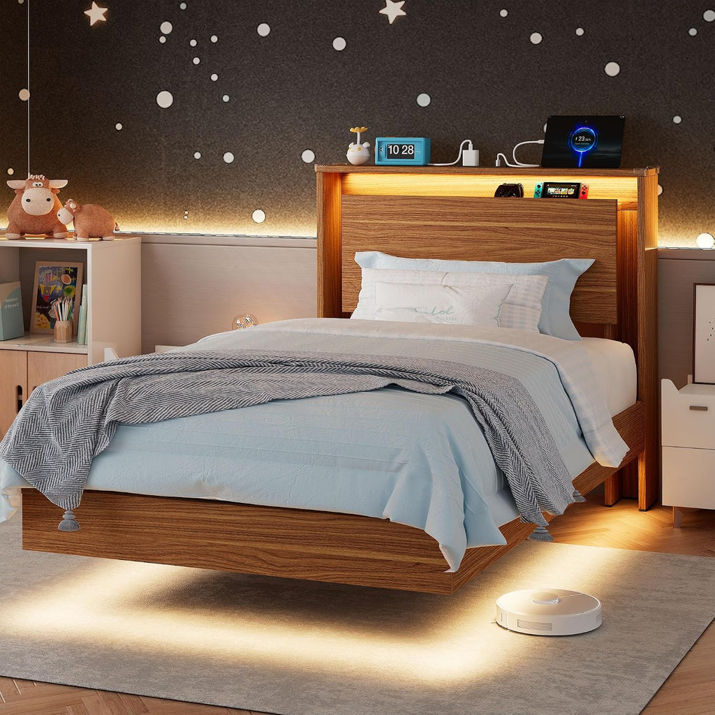 Einhomn Twin Bed Frame with Storage Headboard & LED Lights – Wood Floating Bed Frame with Charging Station, Non-Slip Slat, Kick-Free & Noise-Free Design, Easy Assembly, Walnut