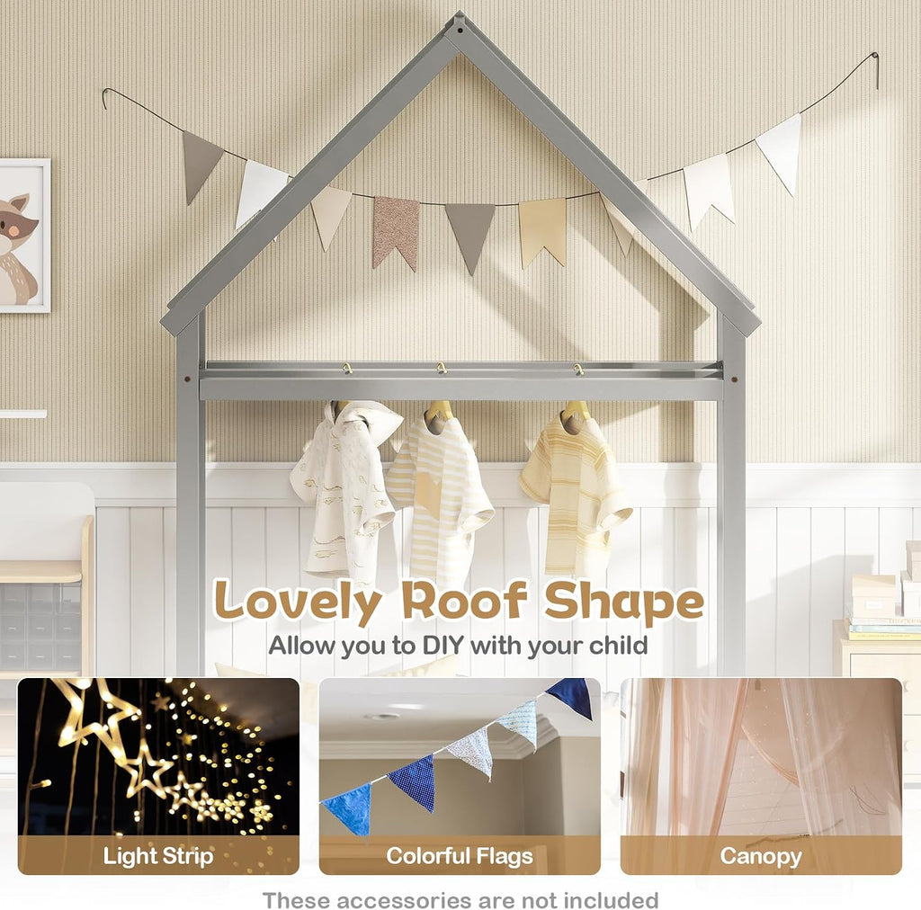KOMFOTT Twin Size Floor Bed with House-Shaped Headboard, Kids Montessori Floor Bed with Detachable Clothes Hanger, Full Length Safety Guardrails, Door & Latch, Solid Wood Floor Bed Frame