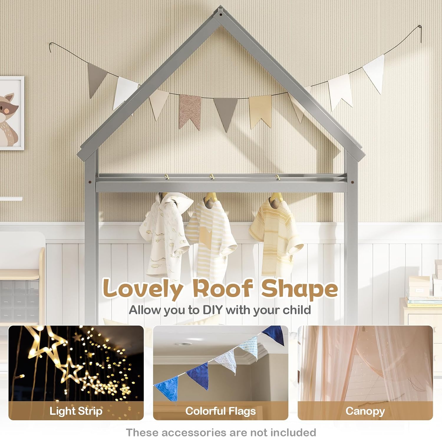 KOMFOTT Twin Size Floor Bed with House-Shaped Headboard, Kids Montessori Floor Bed with Detachable Clothes Hanger, Full Length Safety Guardrails, Door & Latch, Solid Wood Floor Bed Frame