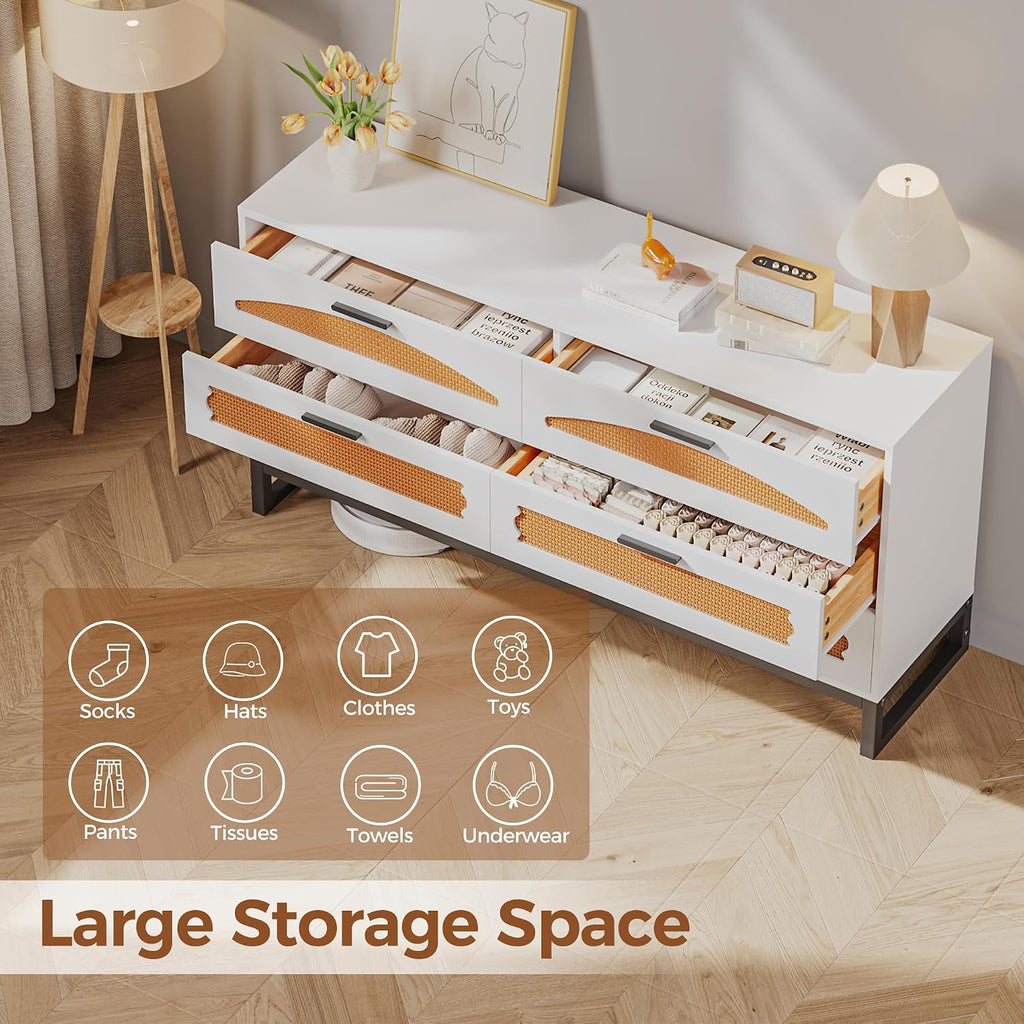 Mericonia 6 Drawer Double Dresser for Bedroom, Rattan Chest of Drawers, Modern Wooden Dresser Chest with Metal Frame for Bedroom, Living Room, Hallway and Entryway, White