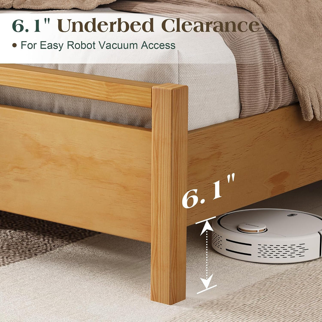 AMERLIFE Queen Size Solid Wood Bed Frame with Headboard, Minimalist Platform Bed with Wood Slats Support/No Box Spring Needed/Easy Assembly/Noise-Free, Natural