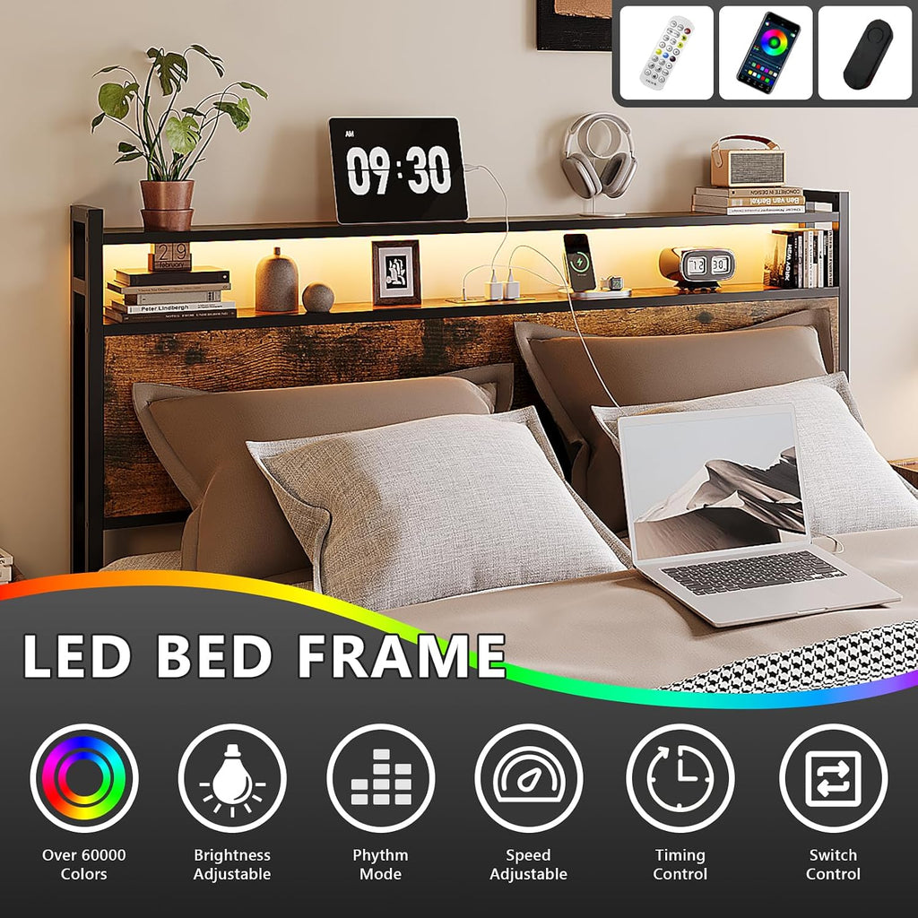 VINGLI Full Platform with 4 Storage Drawers and Headboard, Metal Double Bed with Charging Station and LED Lights, No Box Spring Needed, Noise Free, Easy Assembly, Vintage Brown