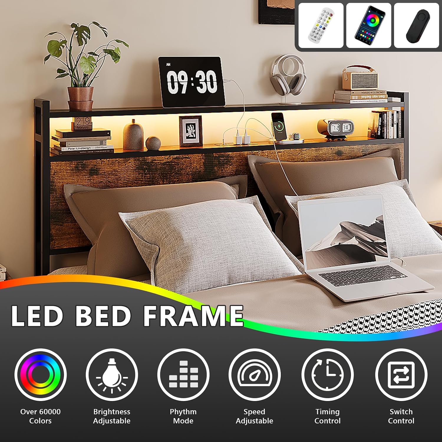 VINGLI Full Platform with 4 Storage Drawers and Headboard, Metal Double Bed with Charging Station and LED Lights, No Box Spring Needed, Noise Free, Easy Assembly, Vintage Brown