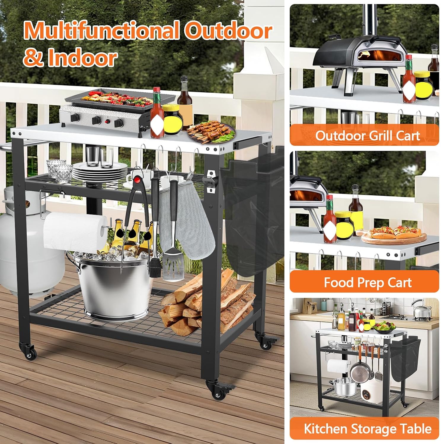 M METERXITY Stainless Steel Pizza Oven Table for Ooni, 650lbs Outdoor Grill Cart with Wheels and Handle, 32'x 24' Three-Shelf Food Prep Cart for Griddle, Movable Outdoor Pizza Cart