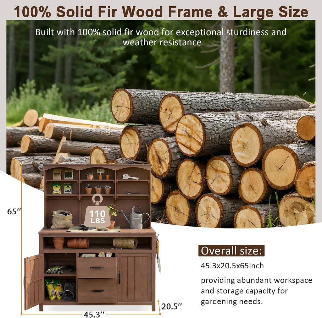 Polibi Large Fir Wood Potting Bench 45.3' Outdoor Patio Kitchen Island with Hutch, Cabinets, Drawers & Hooks, Multi-Functional Gardening Workbench for Grill, Brown