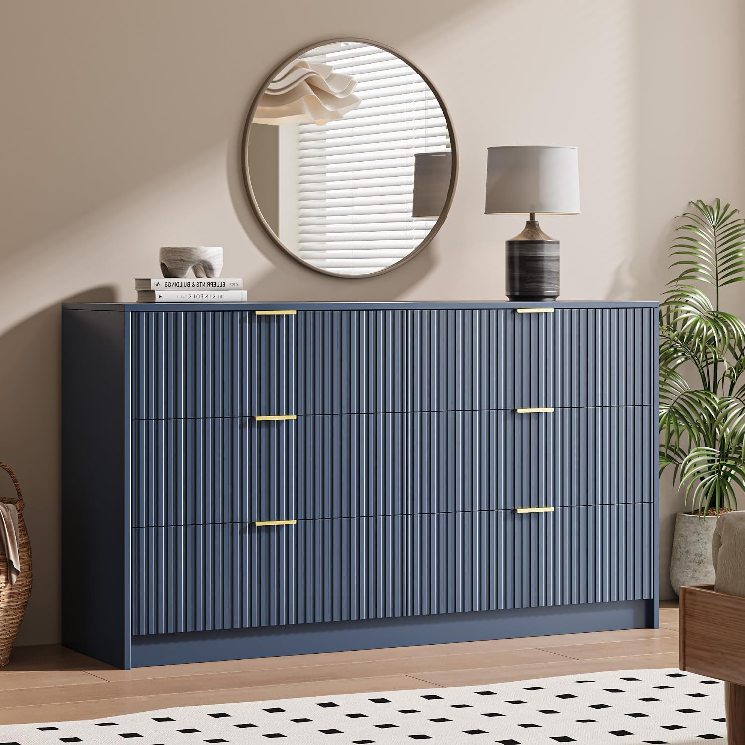 MAISONARIA 6 Drawer Dresser for Bedroom, 55' Wide Modern Chest of Drawers with Gold Metal Handles, Fluted Wood TV Stand for Living Room, Hallway(Navy Blue)