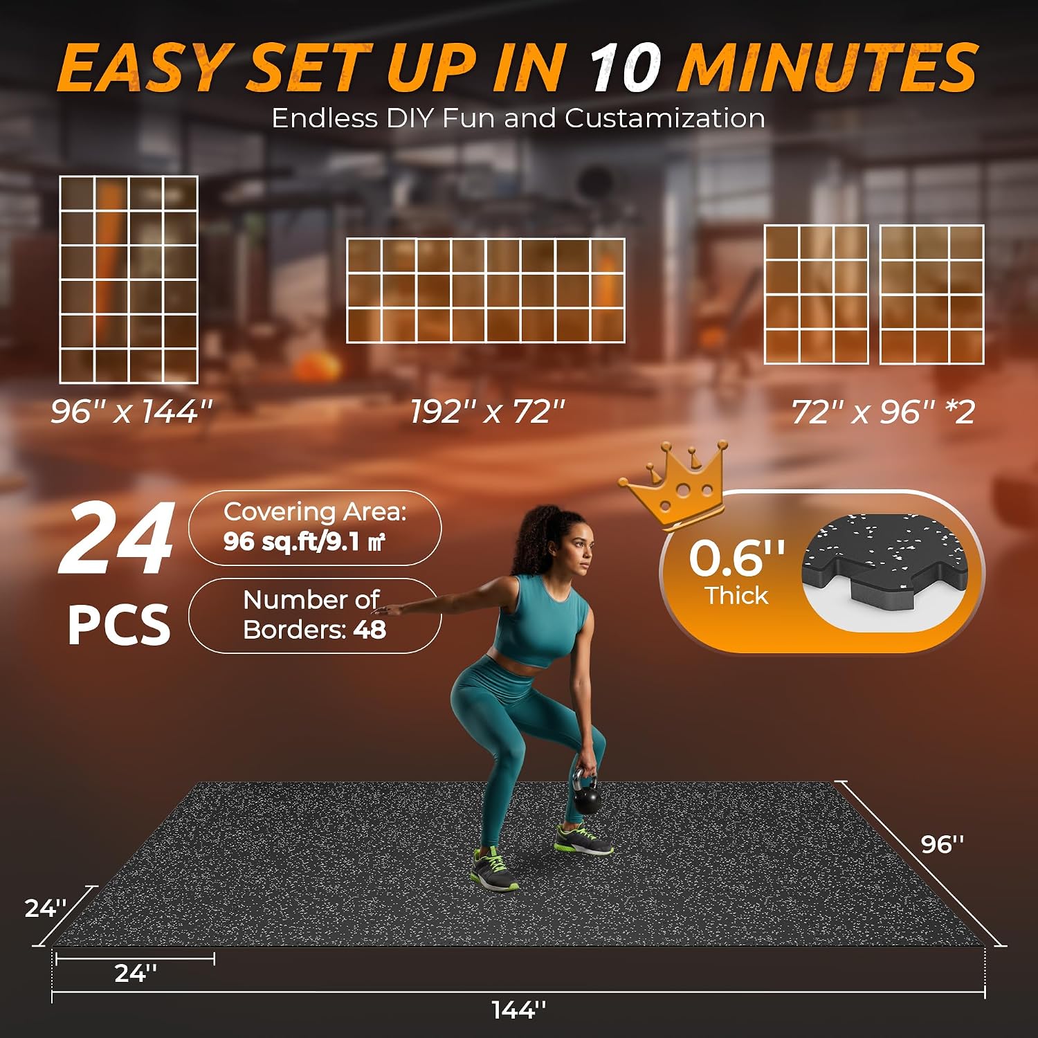 PRAISUN 0.6' Thicker Rubber Top Gym Flooring for Home Gym, 24 Pcs 96 Sq Ft Workout Mats, Exercise Mat, Interlocking Rubber Floor Mats with High Density EVA Foam for Garage, 24 x 24in, Black/Grey