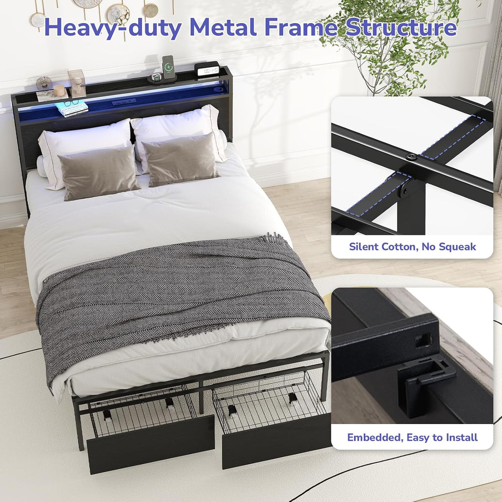 Zevemomo Full Bed Frame with 2 Storage Drawers, Bed Frame Full Size with Headboard, LED Light, Charging Station with 2 USB Ports & 2 AC Ports, Noiseless, Black