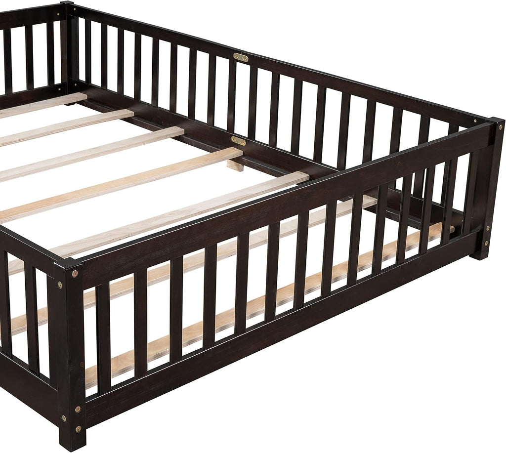 Queen Size Floor Bed with Door and Fence for Kids, Montessori Floor Bed with Slats and Safety Guardrails,Solid Wood Queen Bed Frame for Girls Boys(Queen,Espresso)
