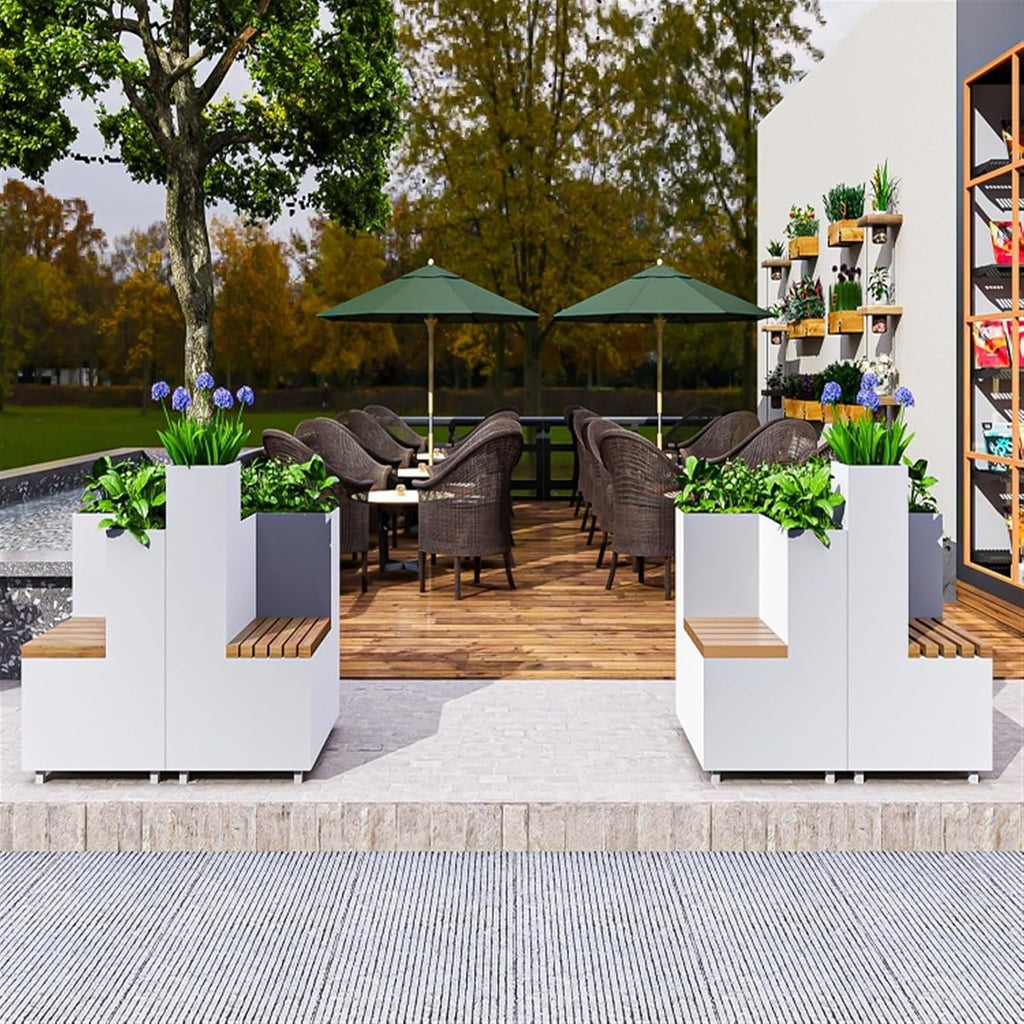 Bench with Planter Box, White Commercial Metal Flower Box Combination Iron Flower Box with 2 Anti-corrosion Wooden Benches, L 80cm*D 60cm*H 70cm Garden Bench