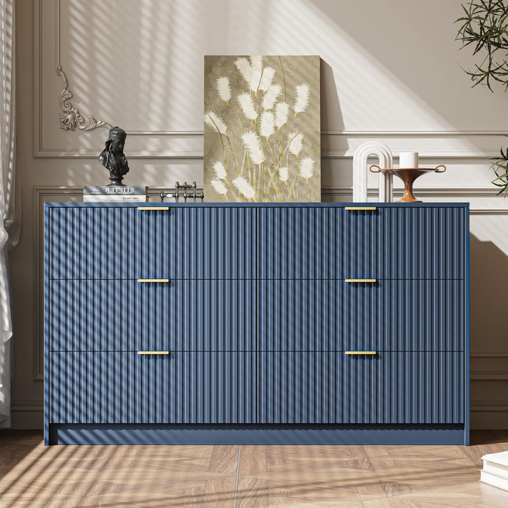 MAISONARIA 6 Drawer Dresser for Bedroom, 55' Wide Modern Chest of Drawers with Gold Metal Handles, Fluted Wood TV Stand for Living Room, Hallway(Navy Blue)