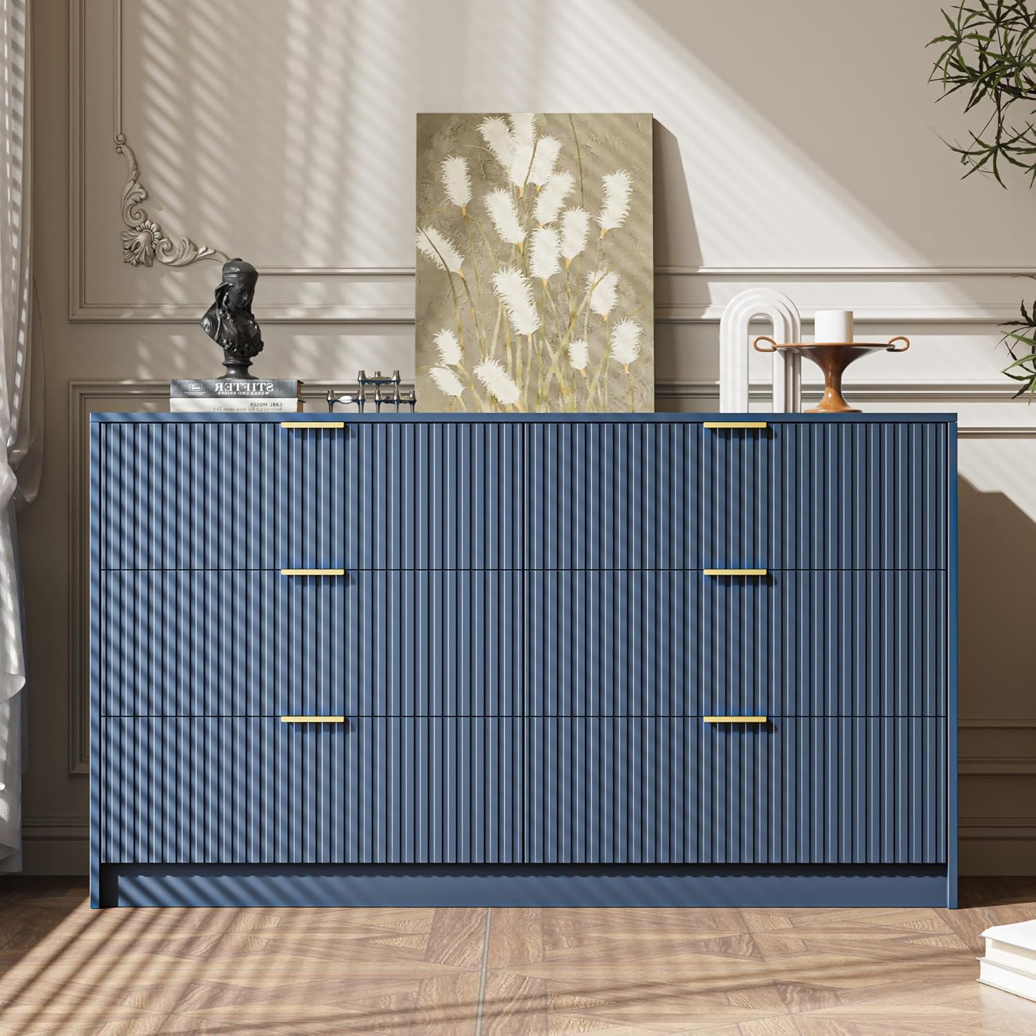 MAISONARIA 6 Drawer Dresser for Bedroom, 55' Wide Modern Chest of Drawers with Gold Metal Handles, Fluted Wood TV Stand for Living Room, Hallway(Navy Blue)