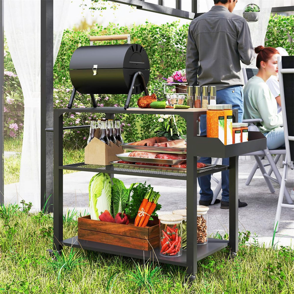 Heavy Duty Camping & Grill Cart with Wheels, 4-Tier Outdoor Serving Station, Stainless Steel Top Portable Kitchen Table for BBQ, Pizza Oven, or Potting Bench