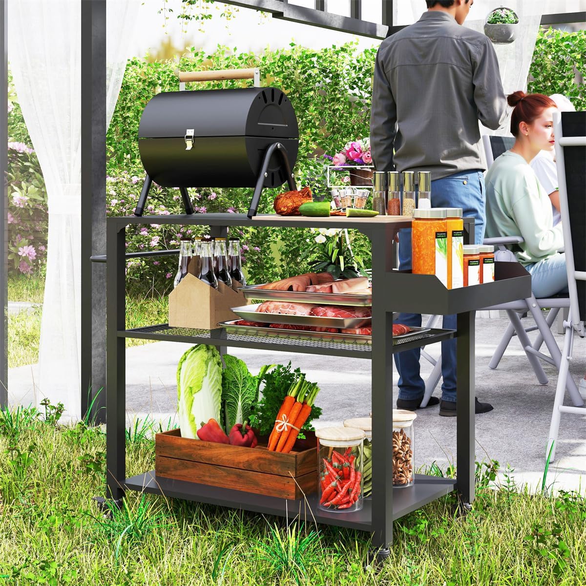Heavy Duty Camping & Grill Cart with Wheels, 4-Tier Outdoor Serving Station, Stainless Steel Top Portable Kitchen Table for BBQ, Pizza Oven, or Potting Bench