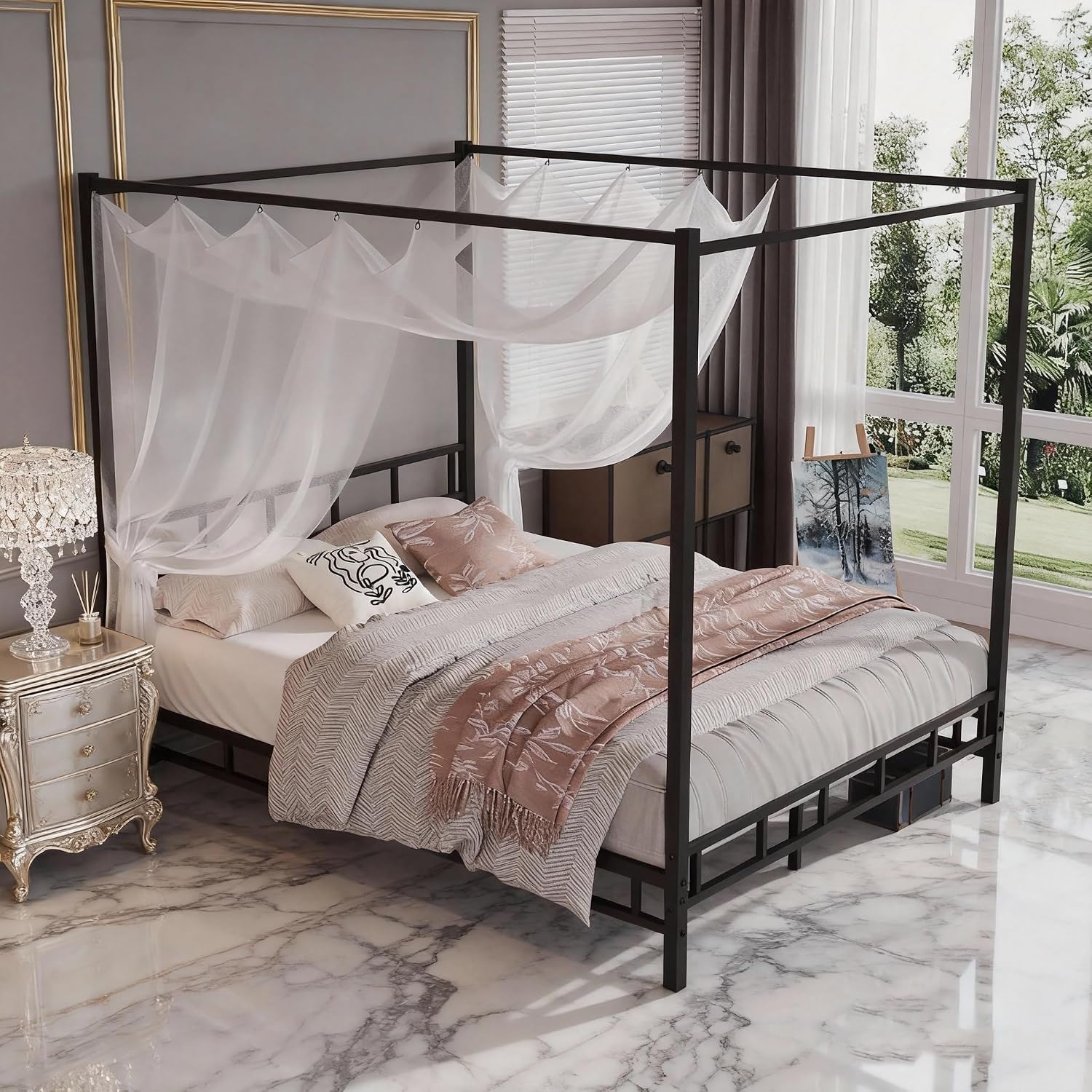BarnFurin Queen Canopy Bed Frame/Mattress Foundation Platform with Metal Slats Support/Under-Bed Storage Space/No Box Spring Needed/Easy Assembly/Black