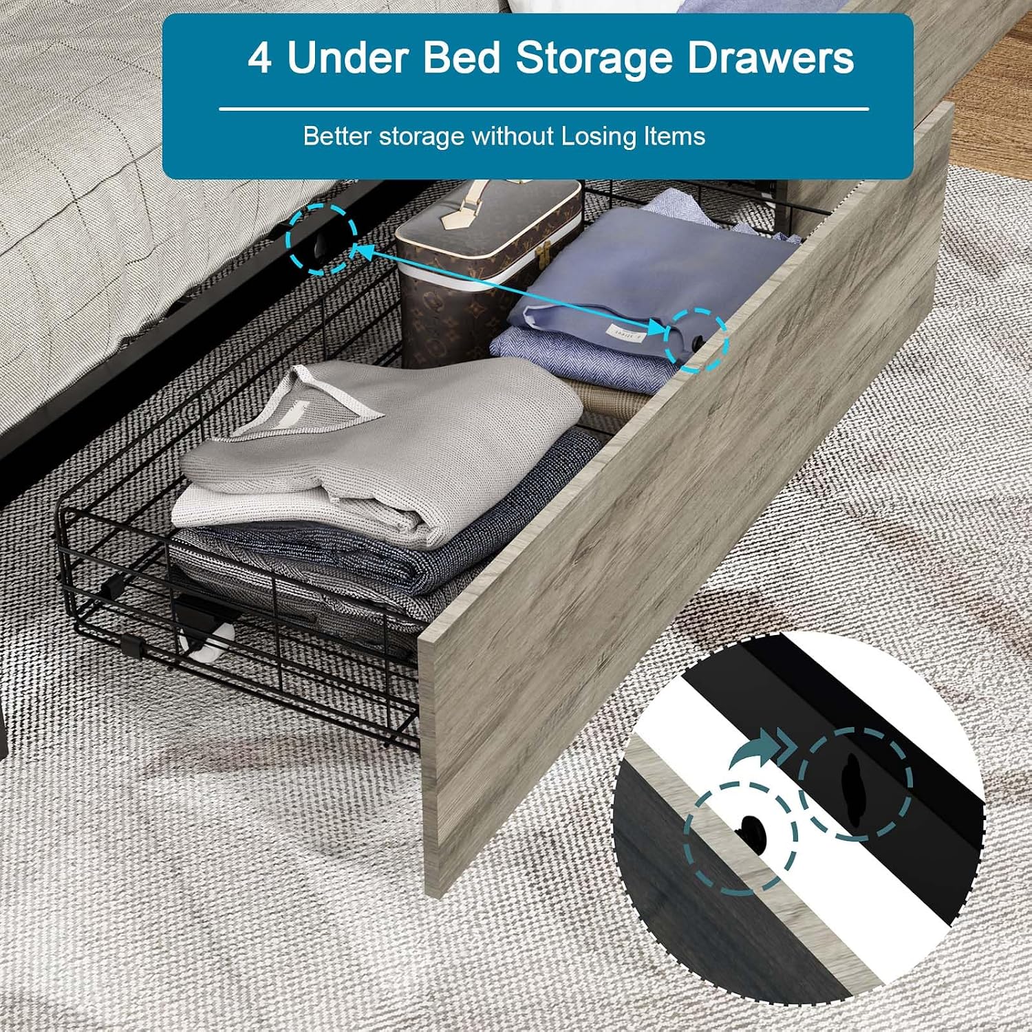 Kiivakii Queen Bed Frame with Headboard, LED Platform Bed Frames with 4 Storage Drawers, Built in Charging Station, Noise Free, Stable and Solid, No Box Spring Needed, Gray