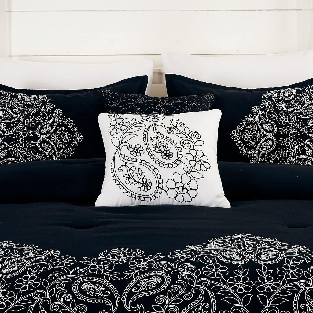 Chezmoi Collection Linz 7-Piece Black/White Paisley Floral Scroll Embroidered Comforter Set, King