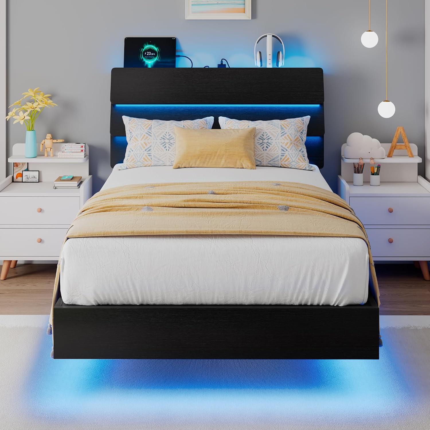 iPormis Floating Twin Size Bed Frame with LED Lights & Charging Station, Platform Bed with Wooden Storage Headboard, Heavy Duty Slats Support, No Box Spring Needed, Easy Assembly, Noise-Free, Black