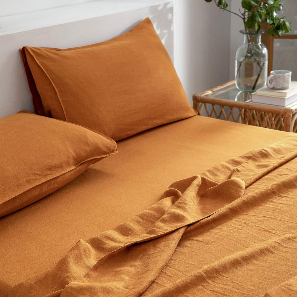 EVERLY Linen Sheets Set Full Size,100% French Stonewash Pure Linen Sheets Set,4Pieces (1Flat Sheet,1Fitted Sheet,2Pillowcase) Suitable for Hot Sleepers,16Inch Deep Pocket Natural Bedding Set-Caramel
