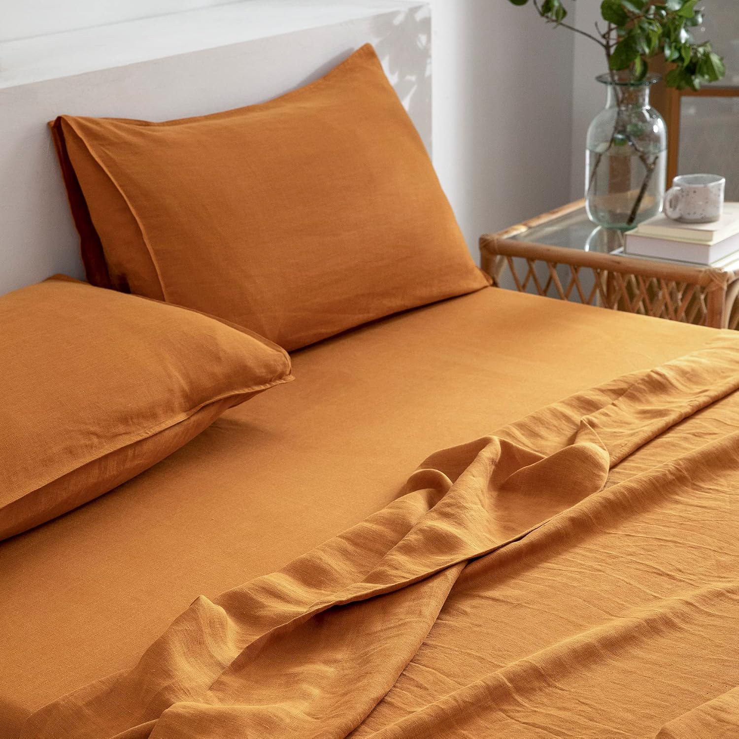 EVERLY Linen Sheets Set Full Size,100% French Stonewash Pure Linen Sheets Set,4Pieces (1Flat Sheet,1Fitted Sheet,2Pillowcase) Suitable for Hot Sleepers,16Inch Deep Pocket Natural Bedding Set-Caramel