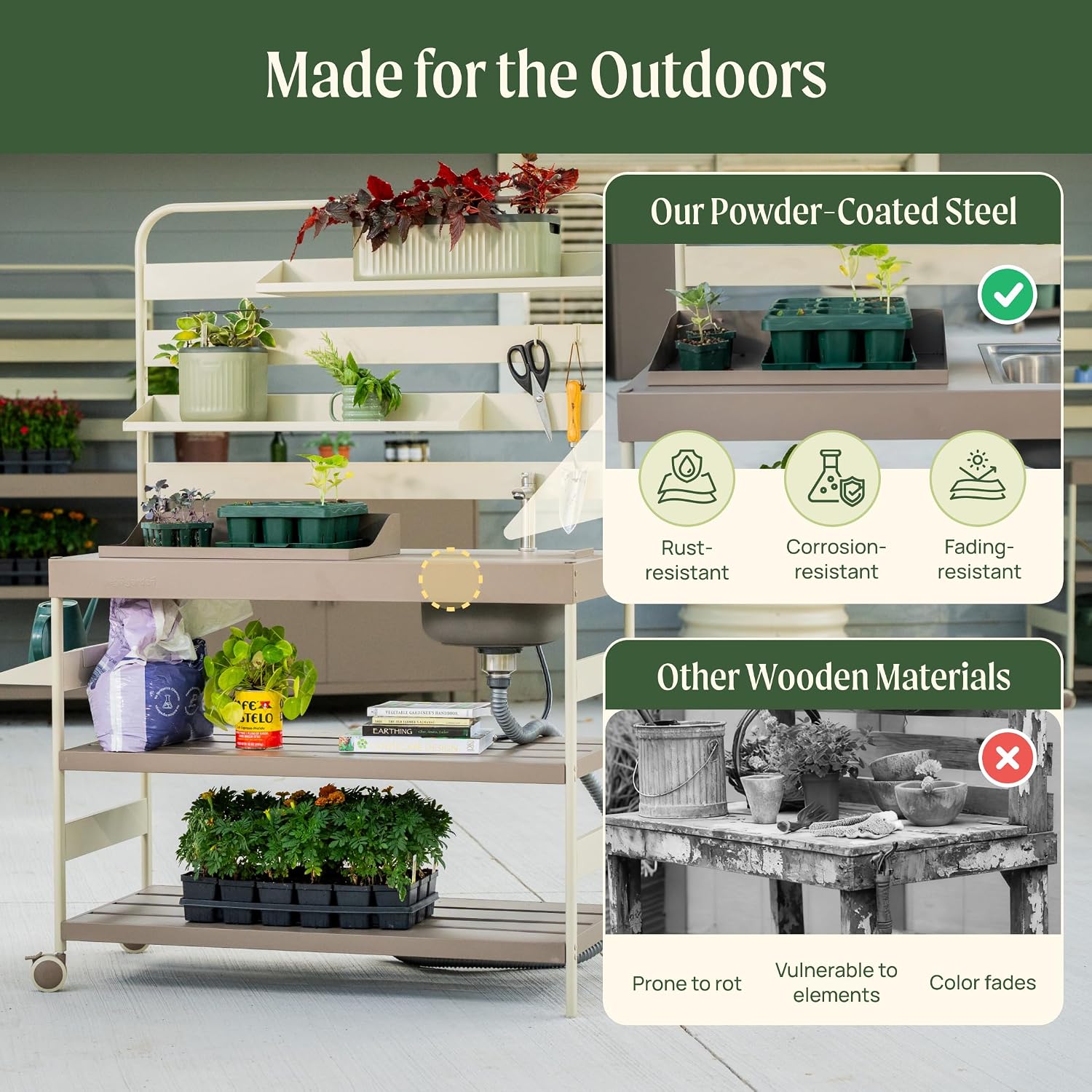Vego Garden Metal Garden Sink Station with Removable Sink and Lid for Outdoor, Garden Workstation with Large Steel Tabletop & Wheels