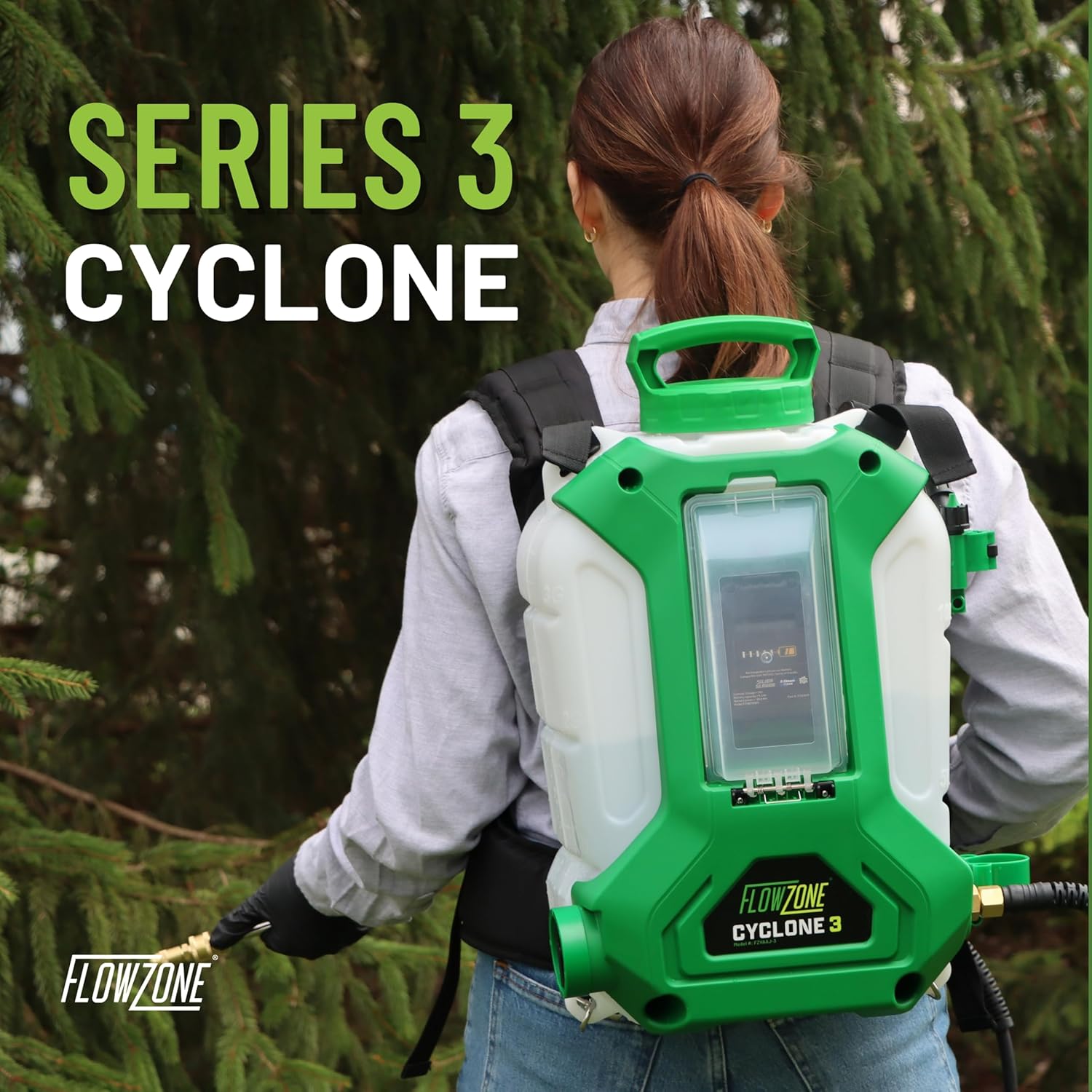 FlowZone Cyclone 3 Battery Backpack Sprayer, 5-Pressure, Battery Included | 4-Gallon tank. Variable 8-60 PSI. 2 hrs of continuous spraying for weed killer, fertilizer, pest control, cleaners, & more.