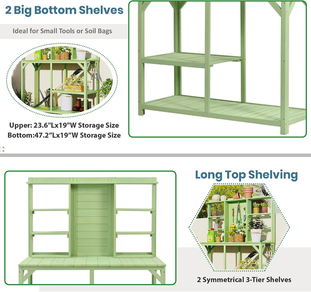64.6' Outdoor Large Potting Bench Table,Wood Workstation with 6-Tier Shelves and Large Tabletop,Backsplash and Side Hook,for Mudroom Backyard Garden Patio (Green@Shelves)