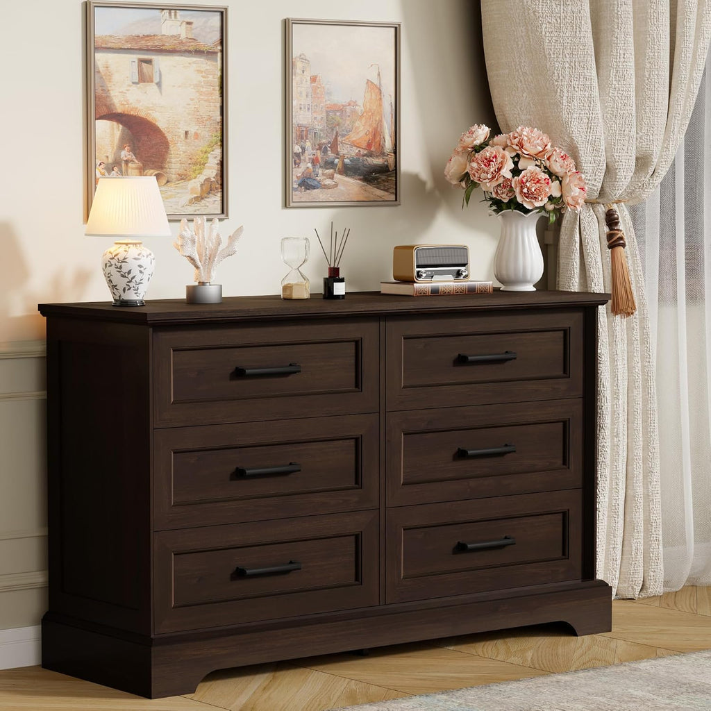 Furmax Farmhouse Dresser for Bedroom, 6 Drawers Dresser, Wood Chest of Drawers, 47.2' Wide Storage Dressers Organizer for Bedroom, Living Room, Dark Brown