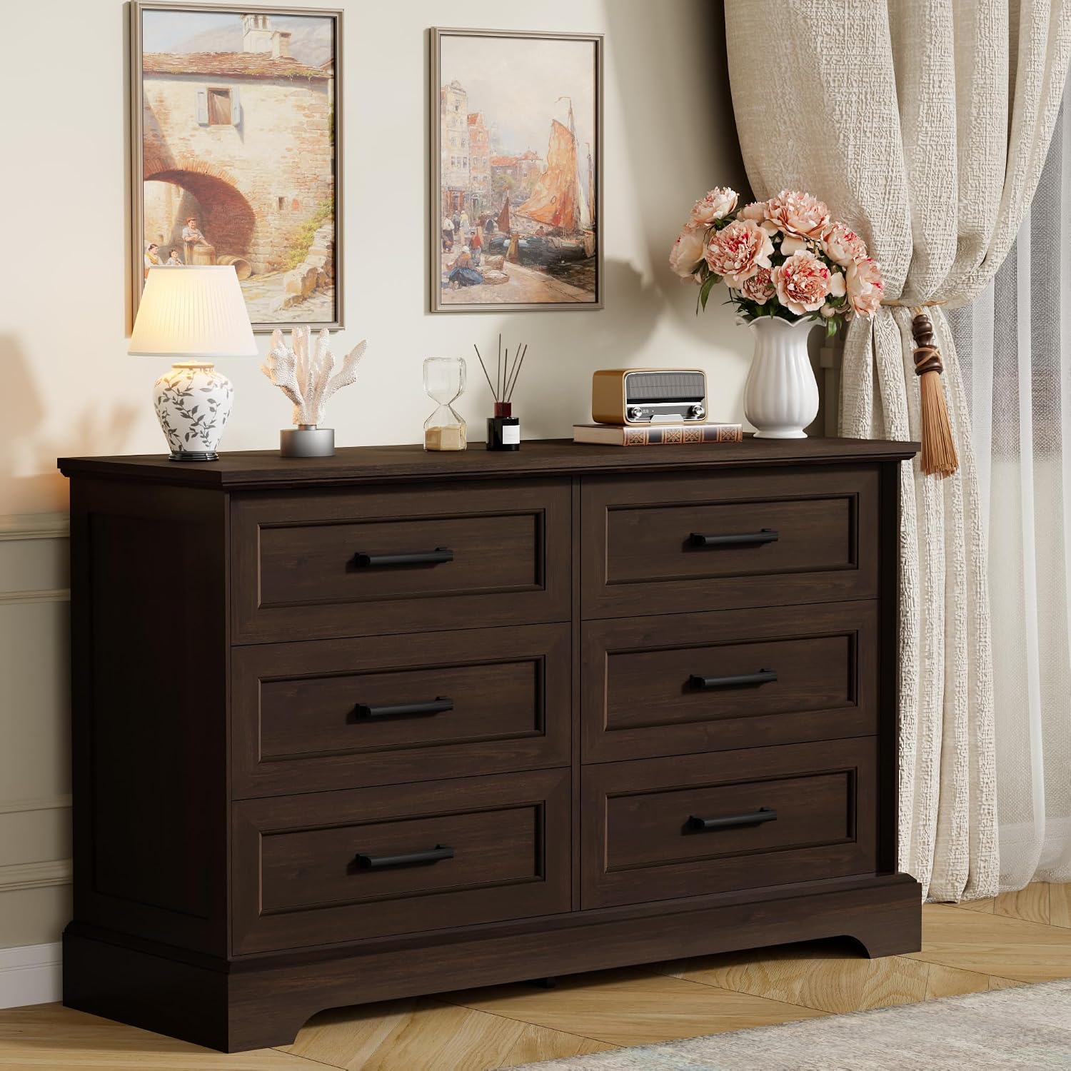 Furmax Farmhouse Dresser for Bedroom, 6 Drawers Dresser, Wood Chest of Drawers, 47.2' Wide Storage Dressers Organizer for Bedroom, Living Room, Dark Brown