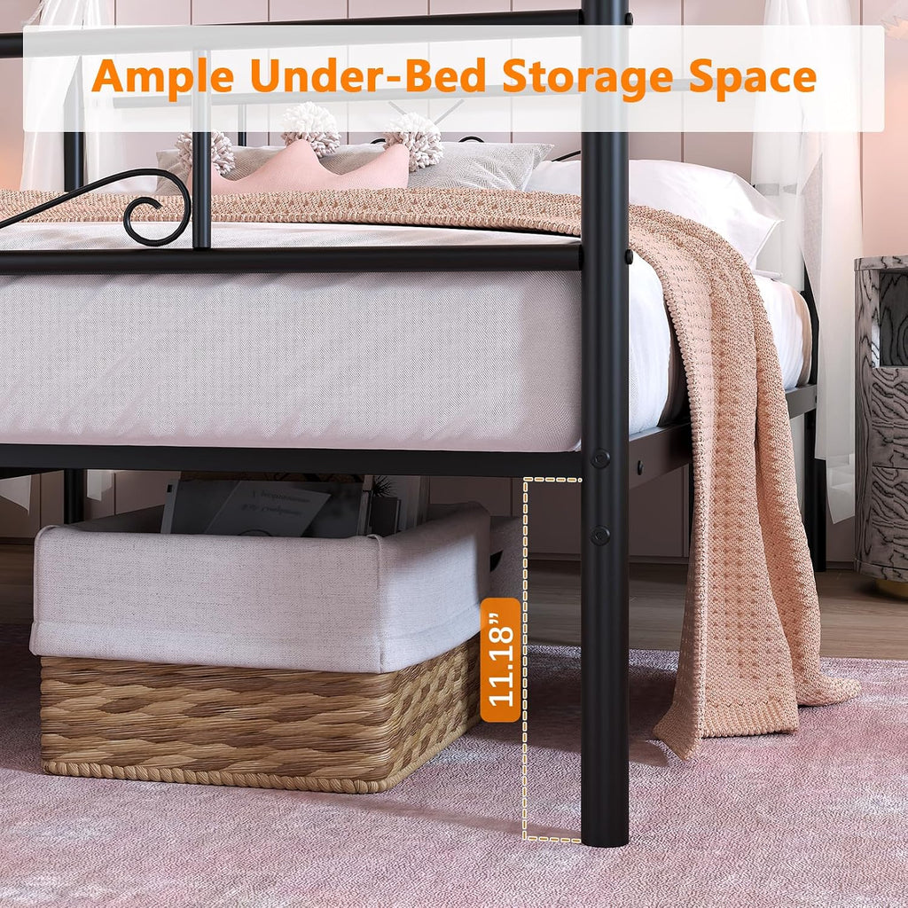 Weehom Canopy Bed Frame Full Size, Full Canopy Bed Frame with Headboard and Footboard, 4-Poster Mattress Foundation No Box Spring Needed Black