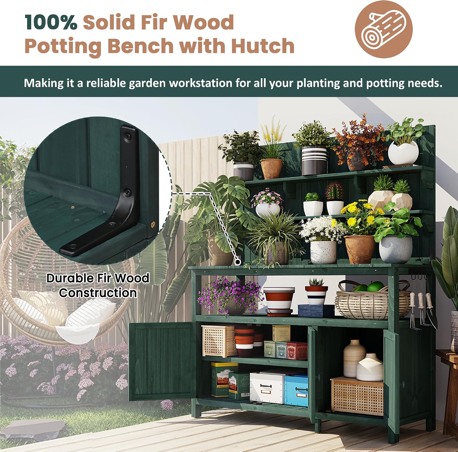65.4' Fir Wood Garden Workstation with 2 Shelves & 2 Cabinets, Outdoor Potting Bench with Hutch, Outdoor Planting Table with Large Countertop & 3 Side Hooks, Forest Green