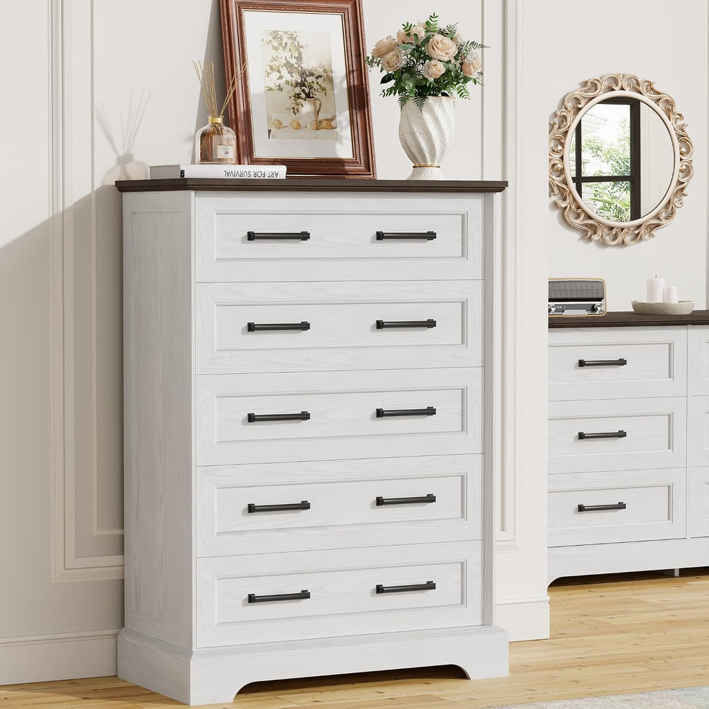 Furmax Farmhouse Dresser for Bedroom, 5 Drawers Dresser, Wood Chest of Drawers, 31.5' Wide Storage Dressers Organizer for Bedroom, Living Room (White and Brown)