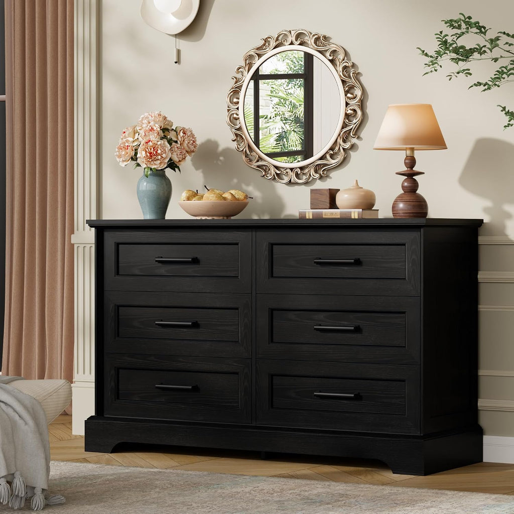 Furmax Farmhouse Dresser for Bedroom, 6 Drawers Dresser, Wood Chest of Drawers, 47.2' Wide Storage Dressers Organizer for Bedroom, Living Room, Dark Black