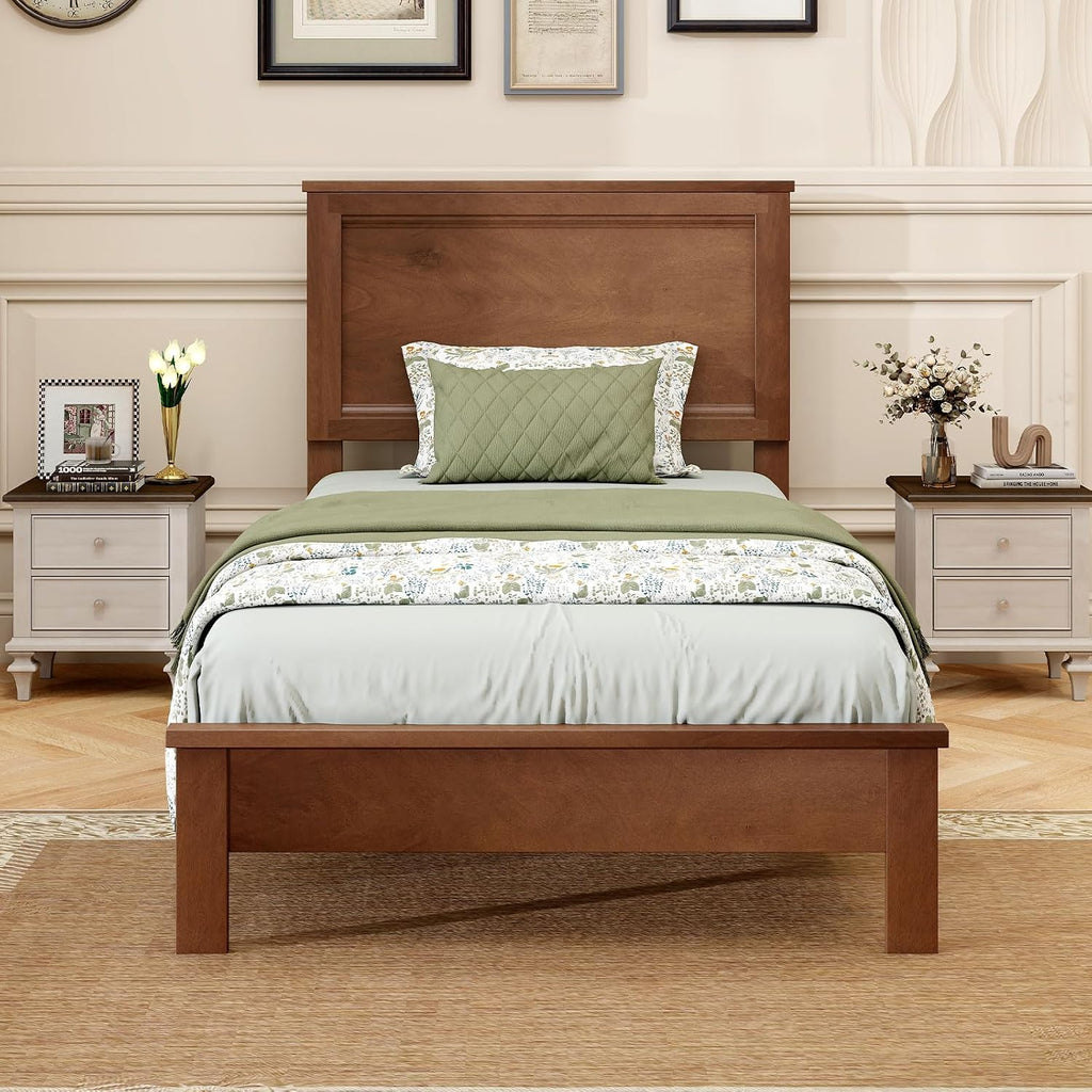 GOFLAME Twin Size Wood Bed Frame, Mid-Century Modern Platform Bed with Headboard, Solid Wood Legs, Mattress Foundation with 12 Wooden Slats, No Box Spring Needed, Walnut