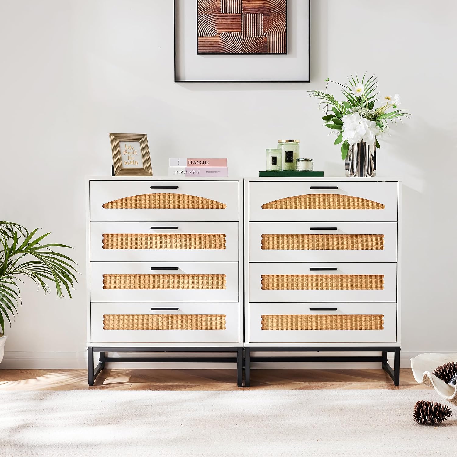 Mericonia 4 Drawer Rattan Dresser for Bedroom, Wood Tall Dresser for Closet with Metal Handles, Boho Nightstand Sets, Dressers & Chests of Drawers for Bedroom, Hallway and Entryway, White