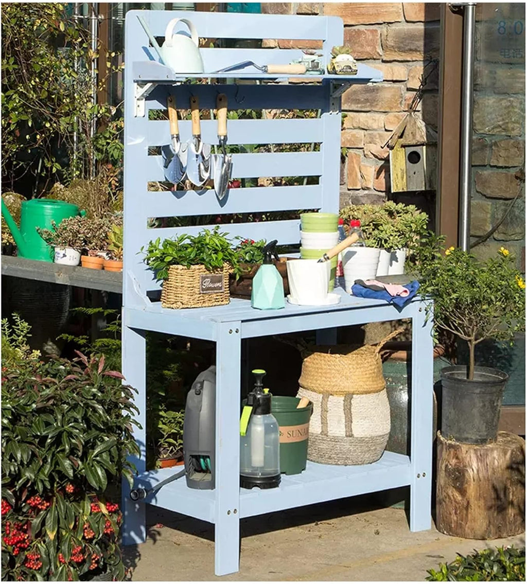 Potting Bench Garden Table for Outdoors Solid Wooden Work Station Gardening Bench Potting Table with Hooks (Color : Blue, Size : 90x45x165cm)
