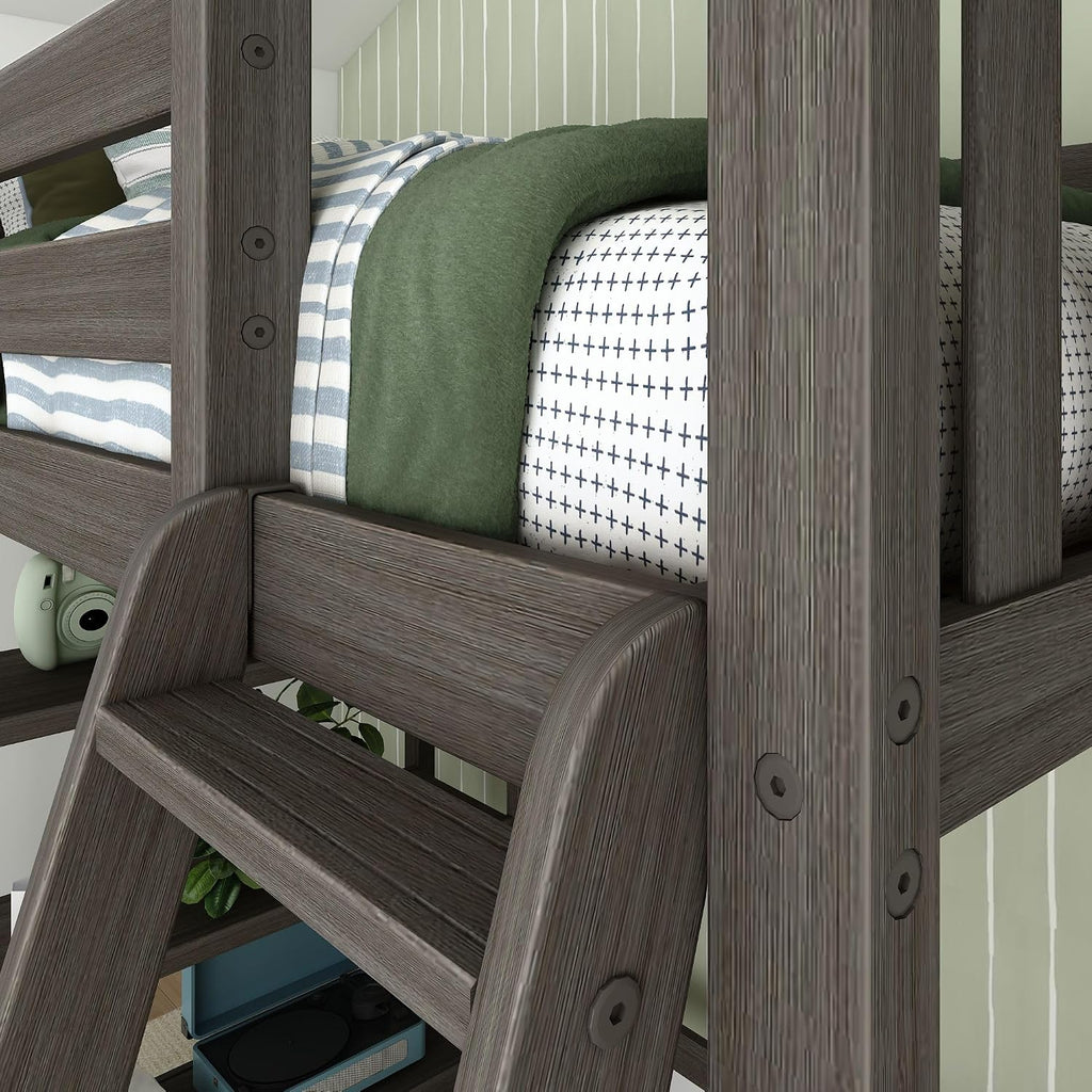 Max & Lily High Loft Bed, Twin Bed Frame For Kids With Bookcase, Clay