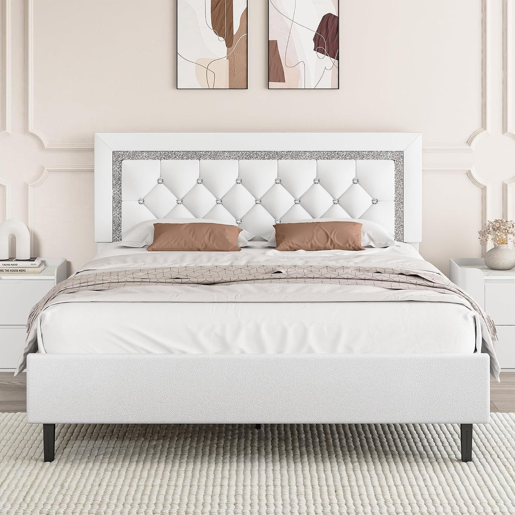 BarnFurin Full Size Bed Frame with Tufted Button Headboard, Upholstered Platform Bed Frame with Diamond Design, Wood Slat Support, No Box Spring Needed, Easy Assembly, White
