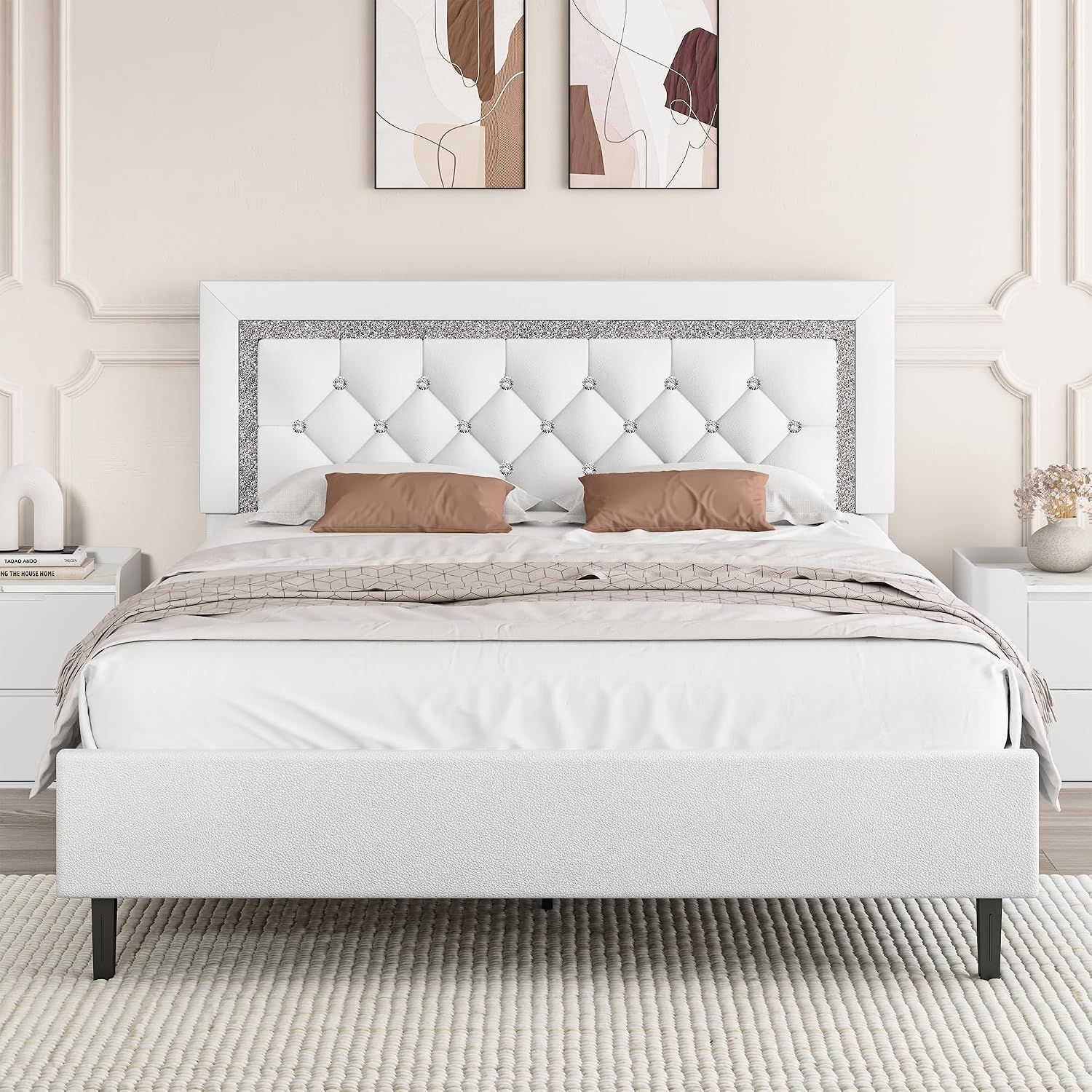 BarnFurin Full Size Bed Frame with Tufted Button Headboard, Upholstered Platform Bed Frame with Diamond Design, Wood Slat Support, No Box Spring Needed, Easy Assembly, White