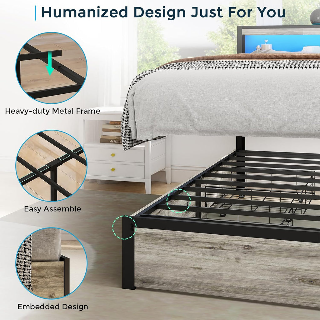SADENICEL King Size Bed Frame with Storage Headboard, Metal Platform King Bed Frame Wood with 4 Drawers, LED Light, Charging Station, No Box Spring Needed, Noise Free, Easy Assembly, Grey