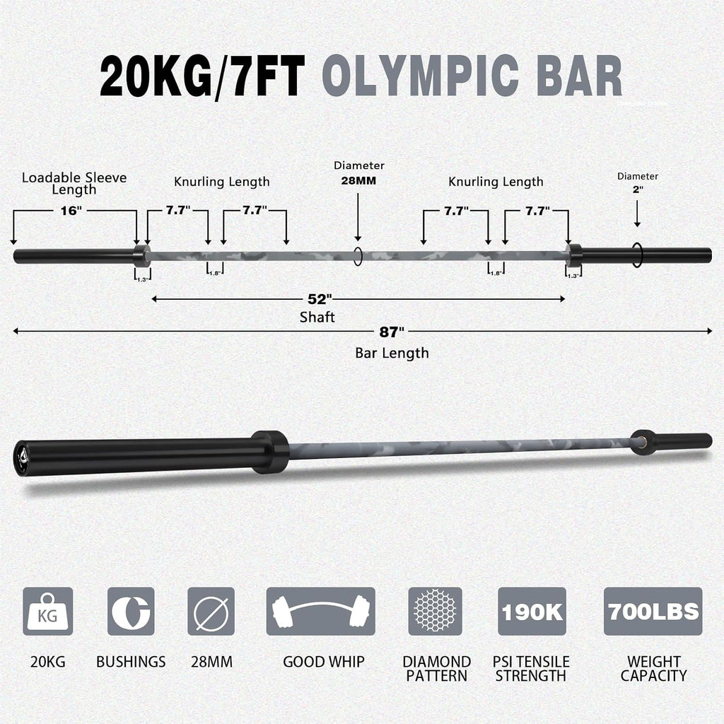 7ft Olympic Barbell for Strength Training and Olympic Weightlifting, 500 700 1000LBS Capacity Available, 2 Inch Bar for Squats, Home Gym Fitness Equipment, Bench Press, Deadlift,Powerlifting