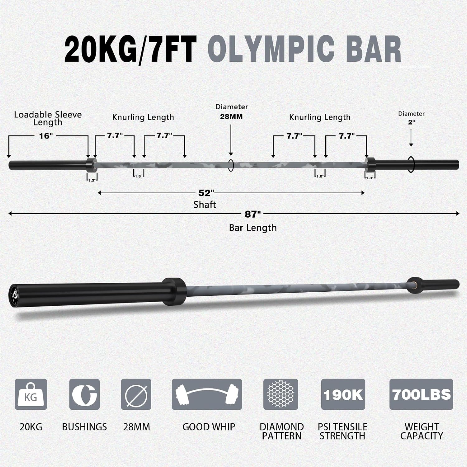 7ft Olympic Barbell for Strength Training and Olympic Weightlifting, 500 700 1000LBS Capacity Available, 2 Inch Bar for Squats, Home Gym Fitness Equipment, Bench Press, Deadlift,Powerlifting