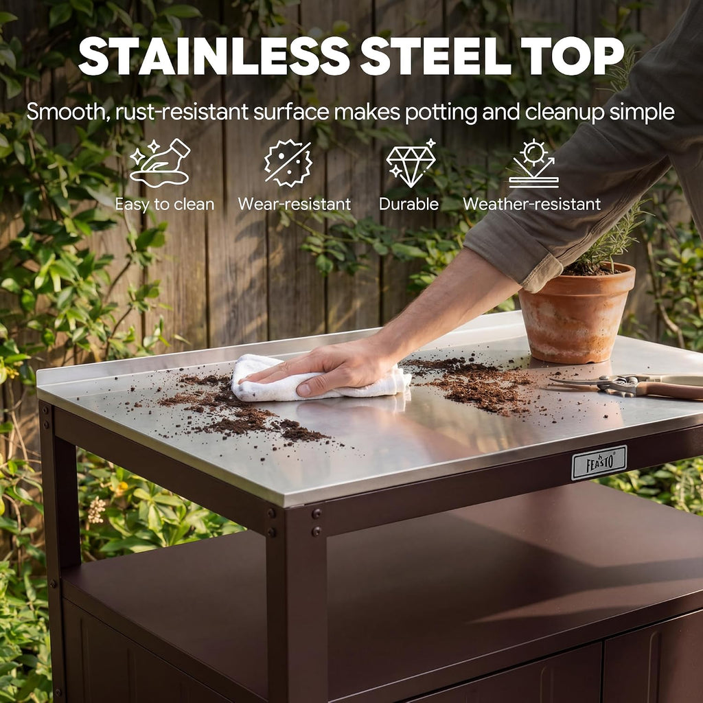 Feasto Outdoor Potting Bench with Storage Cabinet, Garden Work Bench & Potting Table, Stainless Steel Tabletop Potting Station for Patio Lawn Greenhouse Gardening